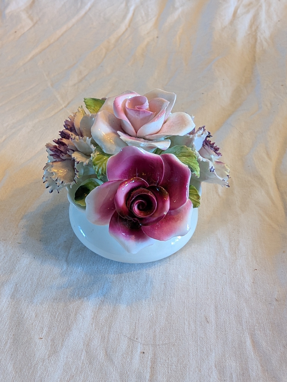 2/60$ Vintage Porcelain Rose Bouquet in Pink, Cream and Green